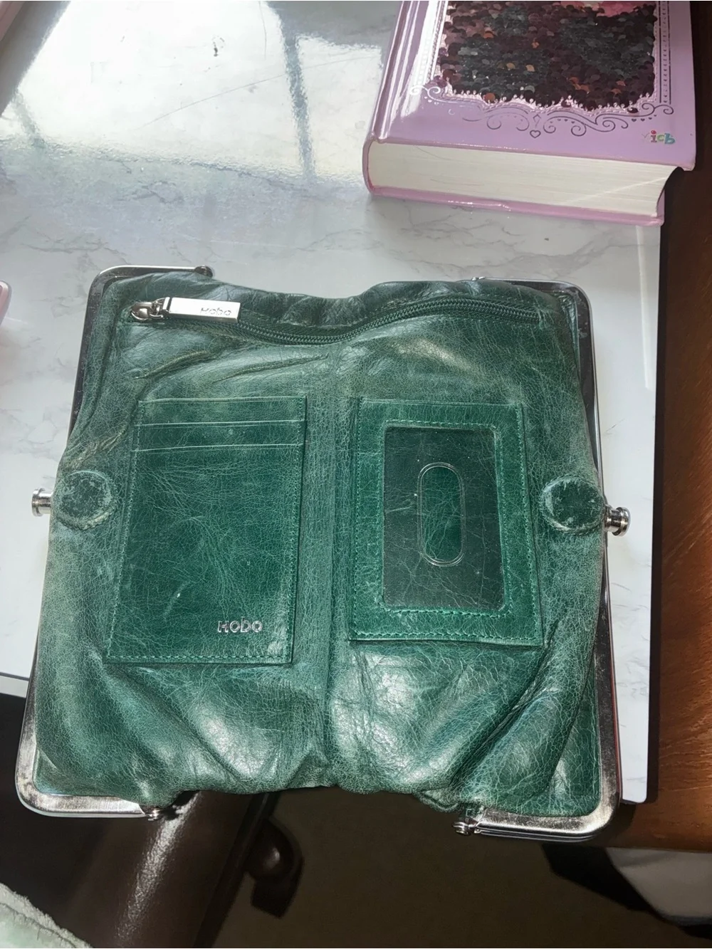 HOBO Lauren Dark Green Leather Double Frame Kiss Lock Clutch Wallet
